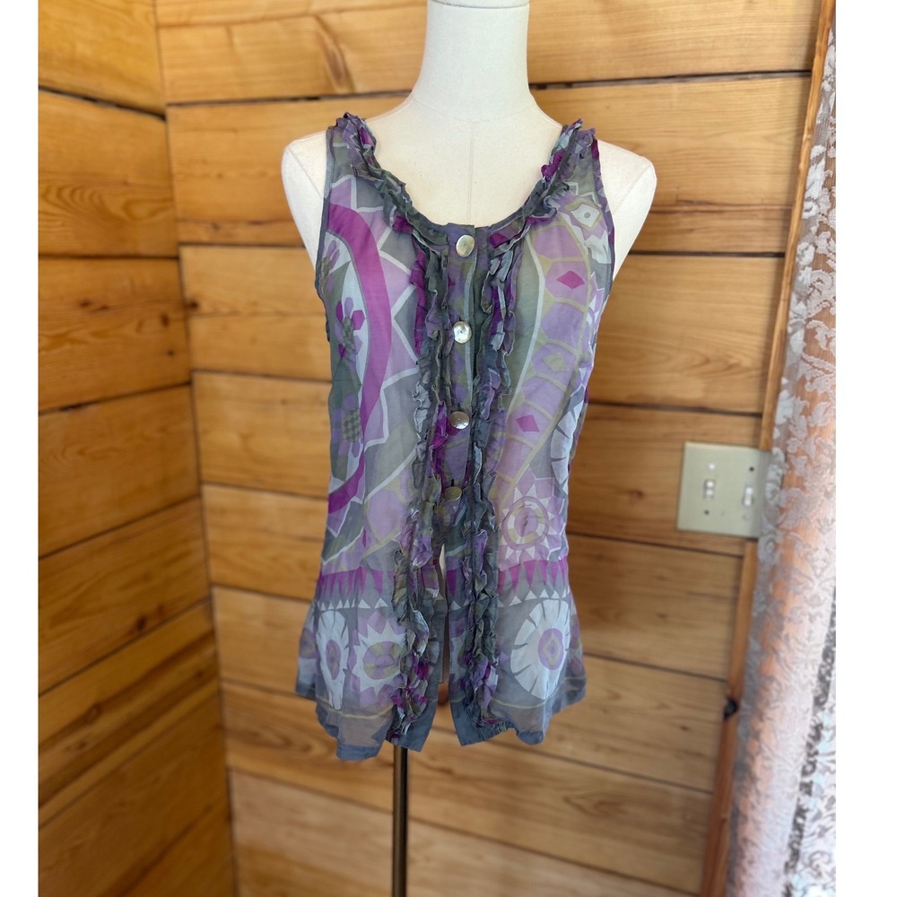Vintage 100% Silk Tank Top Size Small Cami Sheer Ruffle Trinity Peal Buttons Y2K